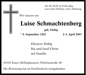 Traueranzeige von Luise Schmachtenberg von Tageszeitung