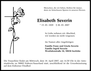 Traueranzeige von Elisabeth Severin von Tageszeitung