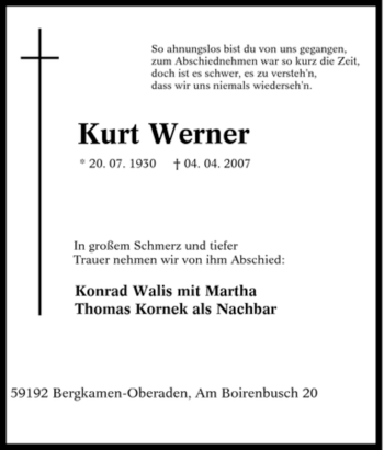 Traueranzeige von Kurt Werner von Tageszeitung