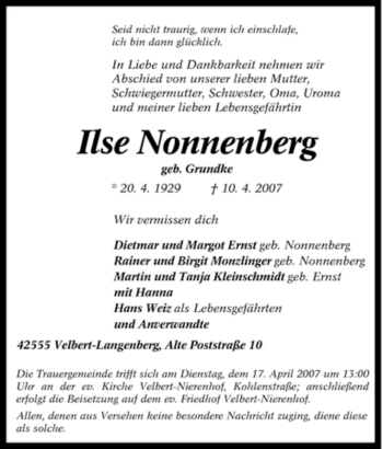 Traueranzeige von Ilse Nonnenberg von Tageszeitung