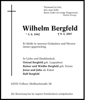 Traueranzeige von Wilhelm Bergfeld von Tageszeitung