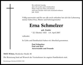 Traueranzeige von Erna Schmelzer von Tageszeitung