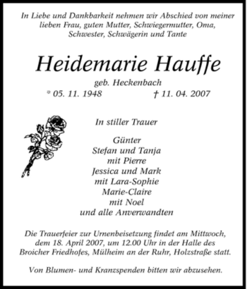 Traueranzeige von Heidemarie Hauffe von Tageszeitung