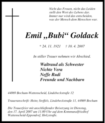 Traueranzeige von Emil Goldack von Tageszeitung