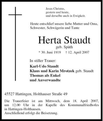 Traueranzeige von Herta Staudt von Tageszeitung