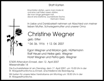 Traueranzeige von Christine Wegner von Tageszeitung
