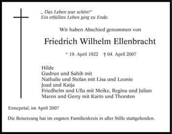 Traueranzeige von Friedrich Wilhelm Ellenbracht von Tageszeitung
