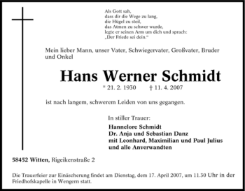 Traueranzeige von Hans Werner Schmidt von Tageszeitung