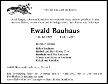 Traueranzeige von Ewald Bauhaus von Tageszeitung