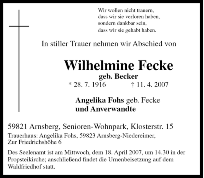  Traueranzeige für Wilhelmine Fecke vom 14.04.2007 aus Tageszeitung