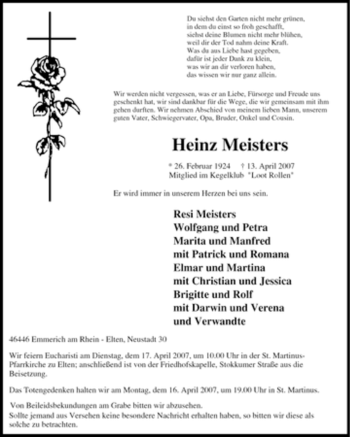 Traueranzeige von Heinz Meisters von Tageszeitung