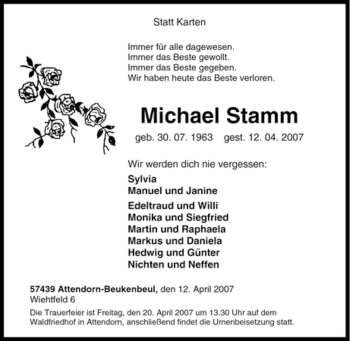 Traueranzeige von Michael Stamm von Tageszeitung