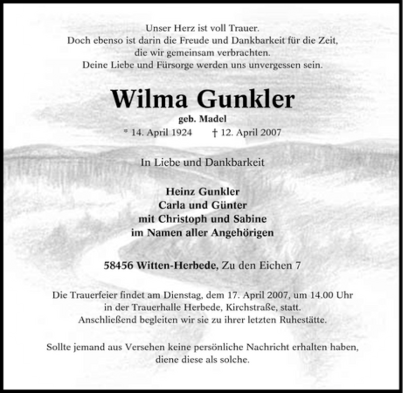  Traueranzeige für Wilma Gunkler vom 14.04.2007 aus Tageszeitung