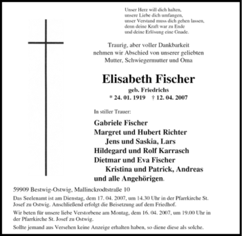 Traueranzeige von Elisabeth Fischer von Tageszeitung
