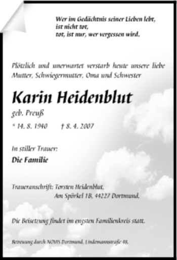 Traueranzeige von Karin Heidenblut von Tageszeitung