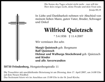 Traueranzeige von Wilfried Quietzsch von Tageszeitung