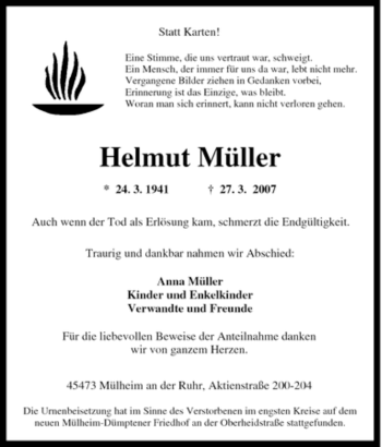 Traueranzeige von Helmut Müller von Tageszeitung