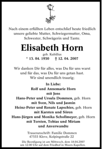 Traueranzeige von Elisabeth Horn von Tageszeitung