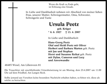 Traueranzeige von Ursula Peetz von Tageszeitung