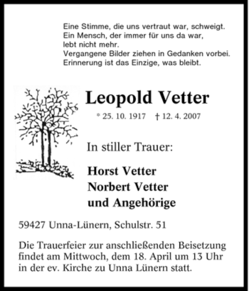 Traueranzeige von Leopold Vetter von Tageszeitung