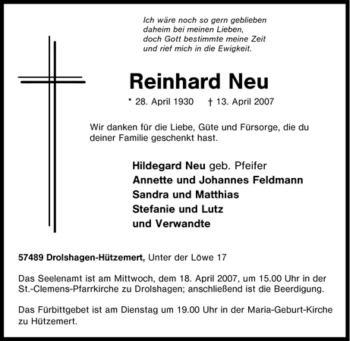 Traueranzeige von Reinhard Neu von Tageszeitung
