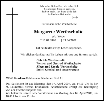 Traueranzeige von Margarete Werthschulte von Tageszeitung