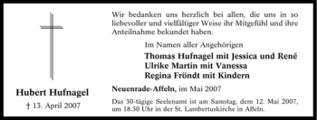 Traueranzeige von Hubertus Hufnagel von Tageszeitung