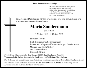 Traueranzeige von Maria Sondermann von Tageszeitung