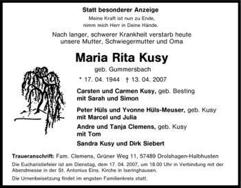 Traueranzeige von Maria Rita Kusy von Tageszeitung