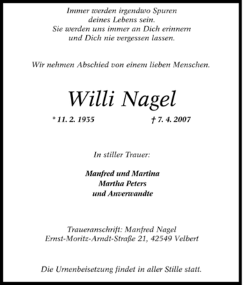 Traueranzeige von Willi Nagel von Tageszeitung