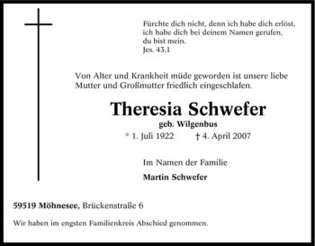 Traueranzeige von Theresia Schwefer von Tageszeitung