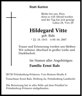 Traueranzeige von Hildegard Vitte von Tageszeitung