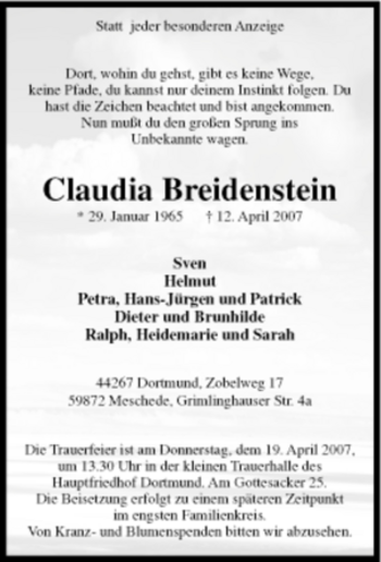 Traueranzeige von Claudia Breidenstein von Tageszeitung