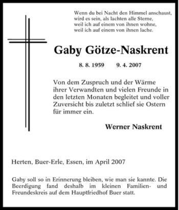 Traueranzeige von Gaby Götze-Naskrent von Tageszeitung