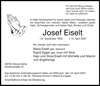 Traueranzeige von Josef Eiselt von Tageszeitung