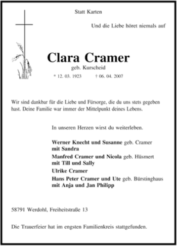 Traueranzeige von Clara Cramer von Tageszeitung
