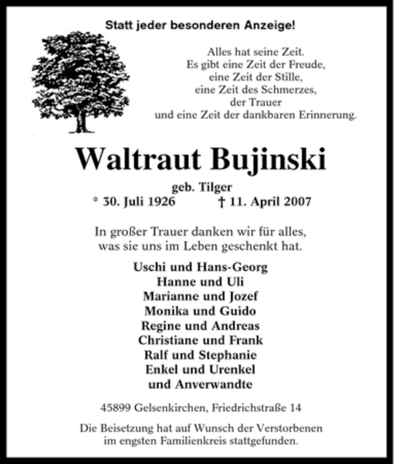  Traueranzeige für Waltraut Bujinski vom 16.04.2007 aus Tageszeitung