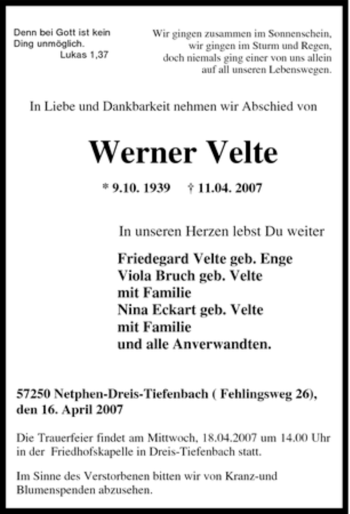 Traueranzeige von Werner Velte von Tageszeitung