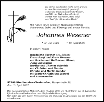 Traueranzeige von Johannes Wesener von Tageszeitung