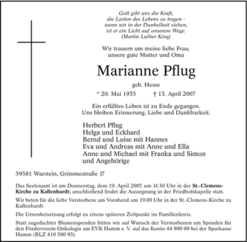 Traueranzeige von Marianne Pflug von Tageszeitung