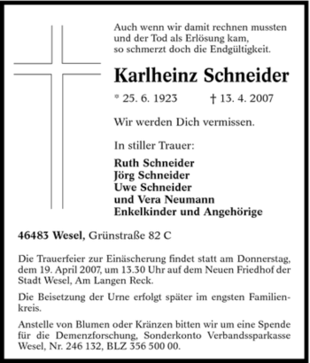 Traueranzeige von Karlheinz Schneider von Tageszeitung