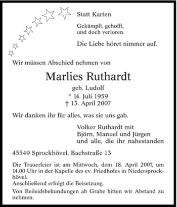Traueranzeige von Marlies Ruthardt von Tageszeitung