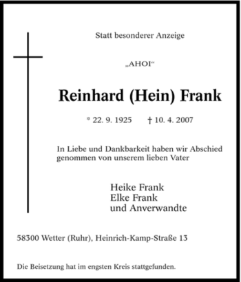 Traueranzeige von Reinhard Frank von Tageszeitung