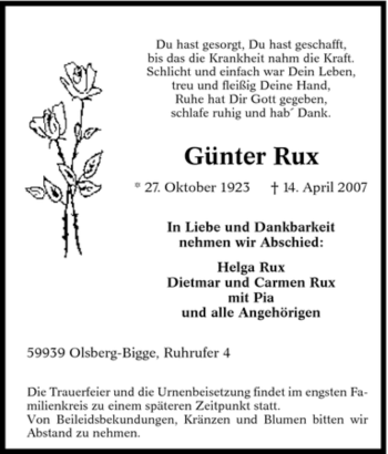 Traueranzeige von Günter Rux von Tageszeitung