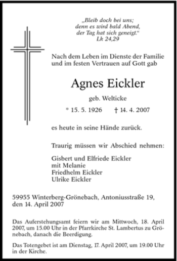 Traueranzeige von Agnes Eickler von Tageszeitung