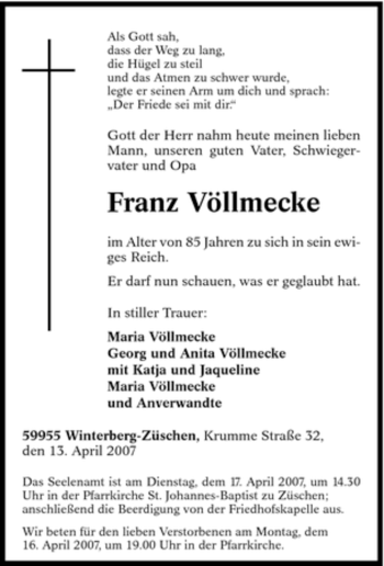 Traueranzeige von Franz Völlmecke von Tageszeitung