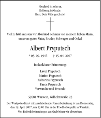 Traueranzeige von Albert Pryputsch von Tageszeitung