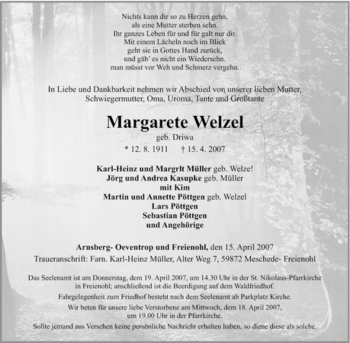 Traueranzeige von Margarete Welzel von Tageszeitung