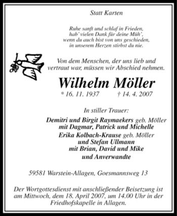 Traueranzeige von Wilhelm Möller von Tageszeitung
