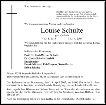 Traueranzeige von Louise Schulte von Tageszeitung